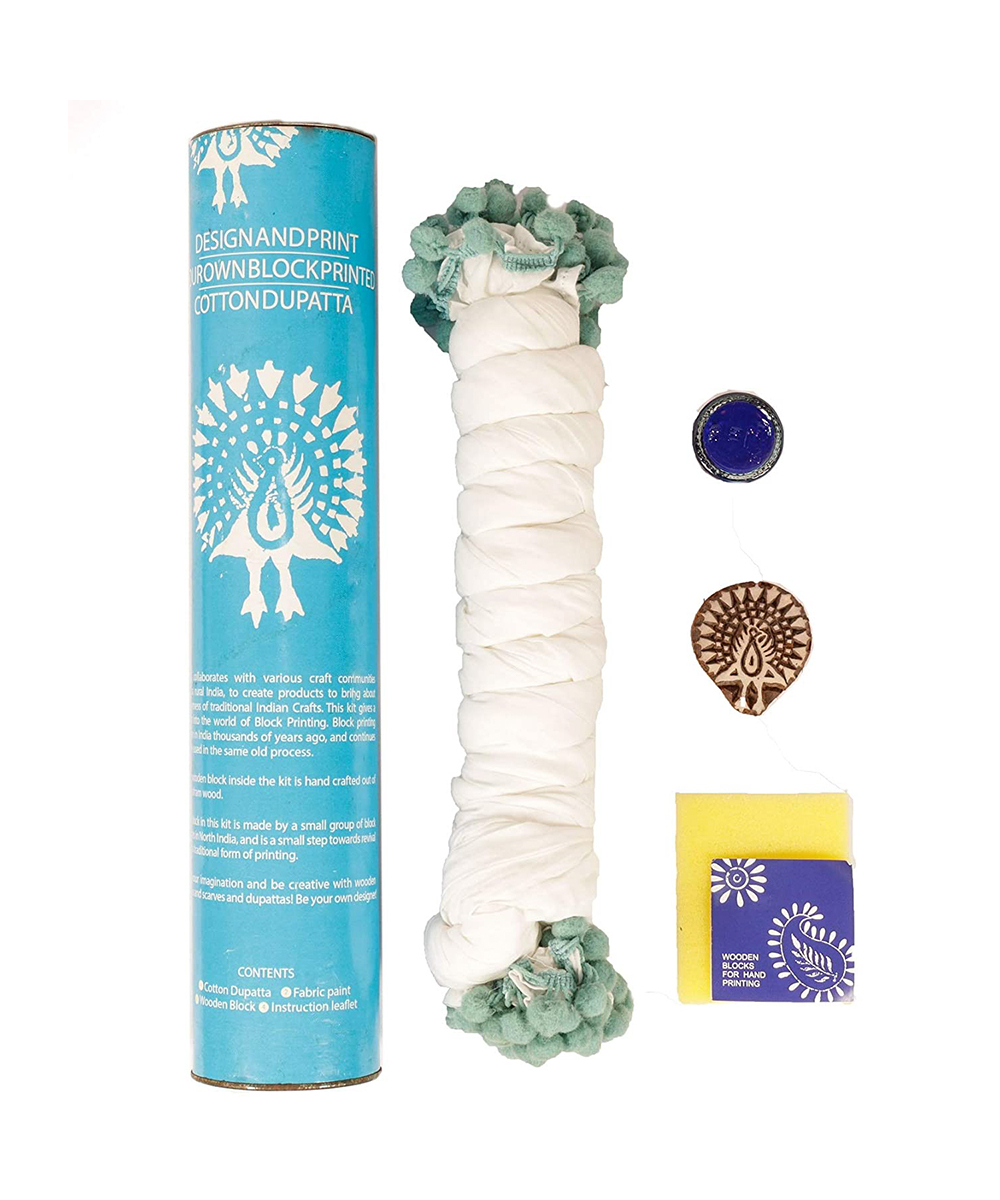 POTLI DIY Craft Kit (for All Ages) Block Print Your Own Dupatta - Peacock Design (Blue)